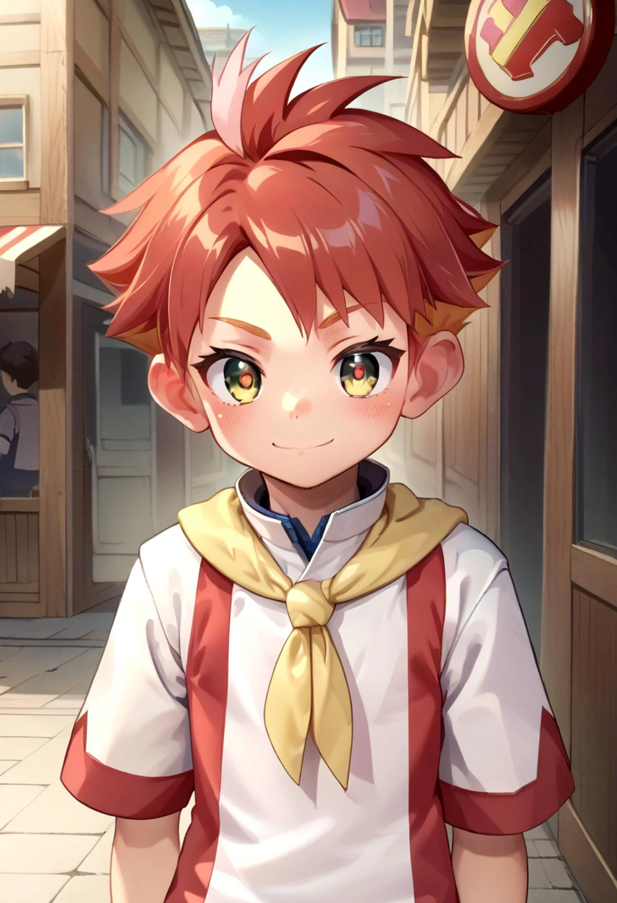 score_9, score_8_up, score_7_up,source_anime, rating_safe BREAK
detailed eyes, village
<lora:cutifiedanimecharacterdesign_variant_type_E_PonyXL_v10:0.6> <lora:crispin:0.7>,petite,
cute,crispin, multicolored hair, red hair, yellow eyes, red pupils, partially fingerless glove, single red glove, short sleeves white jacket, multicolored shorts, white shorts, yellow neckerchief,
