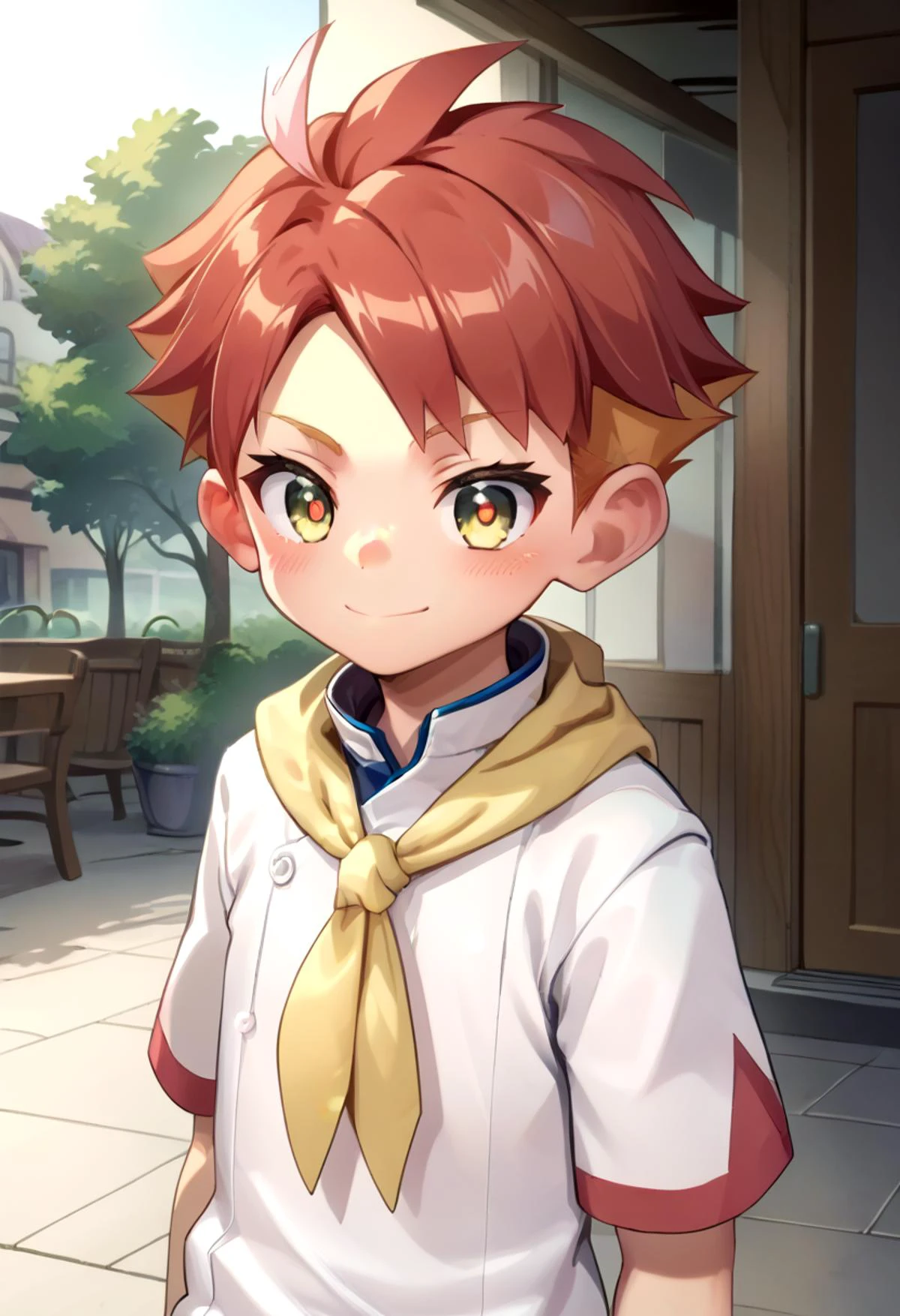 score_9, score_8_up, score_7_up,source_anime, rating_safe BREAK
detailed eyes, village
<lora:cutifiedanimecharacterdesign_variant_type_E_PonyXL_v10:0.6> <lora:crispin:0.7>,petite,
cute,crispin, multicolored hair, red hair, yellow eyes, red pupils, partially fingerless glove, single red glove, short sleeves white jacket, multicolored shorts, white shorts, yellow neckerchief,