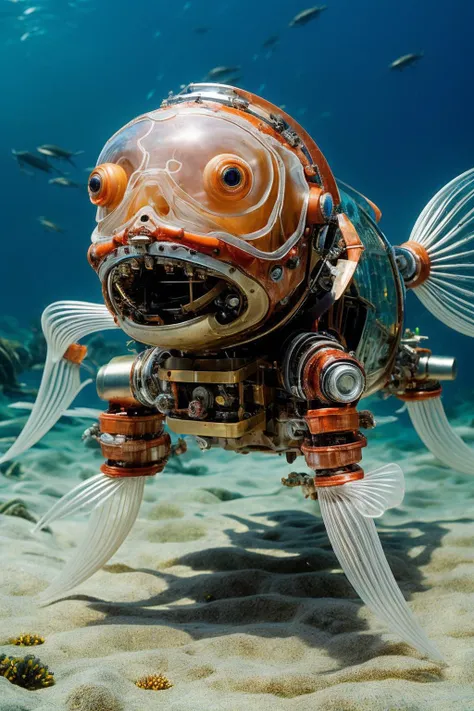 ((masterpiece)), ((best quality)), 8k, high detailed, ultra-detailed,(teeth, mouth open),Mechanical fish, Abundant marine life,(Coral reefs),(Deep Sea:1.5),(Mechanical parts:1.3), Skeletonized body,(transparent:1.5) <lora:Mechanicalfish:0.75>, <lora:TEST:1.0>