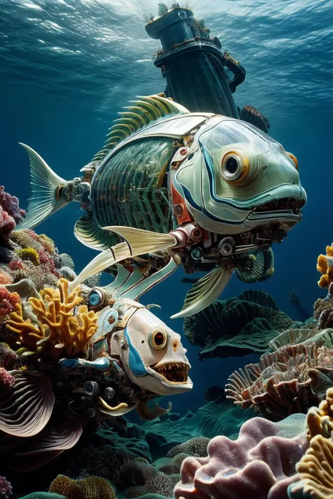 ((masterpiece)), ((best quality)), 8k, high detailed, ultra-detailed,(teeth, mouth wide open),Mechanical fish, Abundant marine life,(Coral reefs),(Deep Sea:1.5),(Mechanical parts:1.3), Skeletonized body,(transparent:1.5) <lora:Mechanicalfish:0.75>, <lora:TEST:1.0>