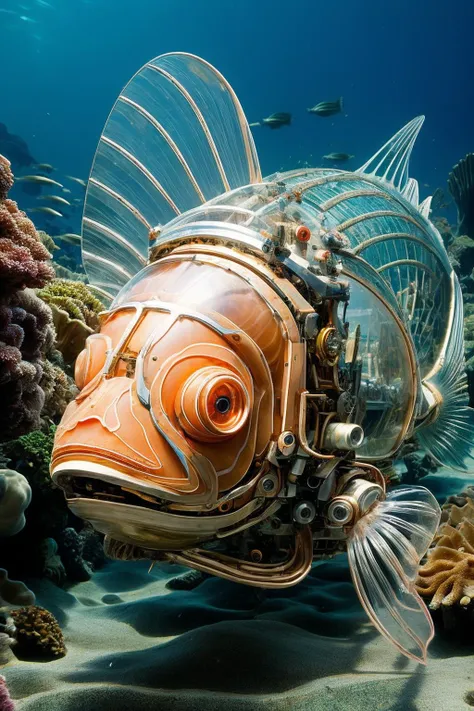 ((masterpiece)), ((best quality)), 8k, high detailed, ultra-detailed,(sleek stealth),Mechanical fish, Abundant marine life,(Coral reefs),(Deep Sea:1.5),(Mechanical parts:1.3), Skeletonized body,(transparent:1.5) <lora:Mechanicalfish:0.75>, <lora:TEST:1.0>