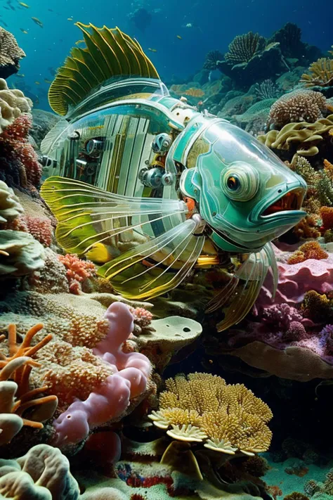 ((masterpiece)), ((best quality)), 8k, high detailed, ultra-detailed,(sleek stealth),Mechanical fish, shrimp, crab, Abundant marine life,(Coral reefs:1.5),(Deep Sea:1.5),(Mechanical parts:1.3), (transparent:1.5)<lora:Mechanicalfish:0.75>, <lora:TEST:0.75>