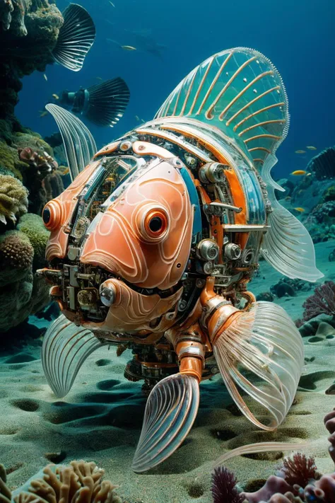 ((masterpiece)), ((best quality)), 8k, high detailed, ultra-detailed,(sleek stealth),Mechanical fish, Abundant marine life,(Coral reefs),(Deep Sea:1.5),(Mechanical parts:1.3), Skeletonized body,(transparent:1.5) <lora:Mechanicalfish:0.75>, <lora:TEST:1.0>