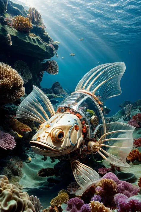 ((masterpiece)), ((best quality)), 8k, high detailed, ultra-detailed,(gears, turbine, capcitors, wires),Mechanical fish, Abundant marine life,(Coral reefs),(Deep Sea:1.5),(Mechanical parts:1.3), Skeletonized body,(transparent:1.5) <lora:Mechanicalfish:0.75>, <lora:TEST:1.0>