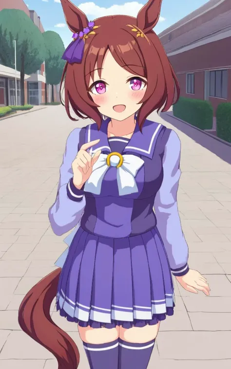 1girl, SakuraLaurel <lora:sdxl-um-sakura:0.5> kuudere, horse girl, horse ears, horse tail, shiny hair, light brown hair, pixie cut, center parted bangs, pinkred eyes, symbol in eye, hair ornament, medium breasts, skindentation +++ <lora:_sdxl-um-trauniform:0.8> trawinuni, winter tracen_school_uniform, purpleblue sailor collar, purpleblue skirt, darkblue thighhighs, white_bowtie, skyblue_long sleeve blouse, white back bowtie, school , :D , extremely quality extremely detailed, illustration, cute anime face