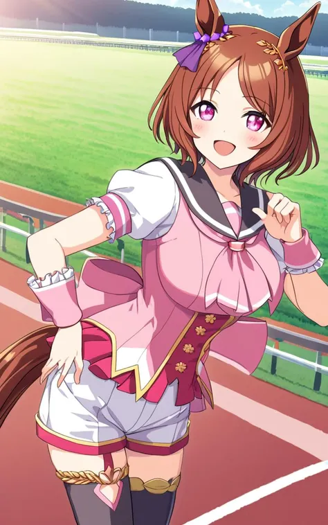 1girl, SakuraLaurel <lora:sdxl-um-sakura:0.5> kuudere, horse girl, horse ears, horse tail, shiny hair, light brown hair, pixie cut, center parted bangs, pinkred eyes, symbol in eye, hair ornament, medium breasts, skindentation +++ multicolored wear, puffy short sleeves, closed mouth, pink shirt, white shirt, pink wrist cuffs, white shorts, sailor coller, black thighhighs, single thighhigh, white knee boots, asymmetrical footwear, high heel boots, pink neckerchief, pink back bow, turf, race track , :D , extremely quality extremely detailed, illustration, cute anime face