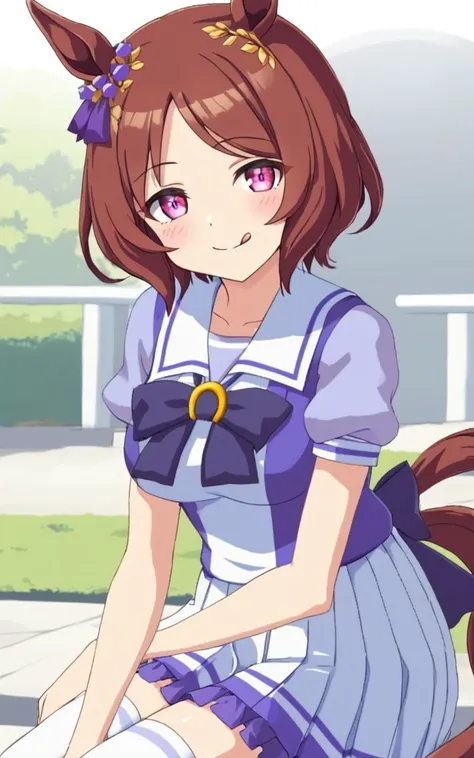 1girl, SakuraLaurel <lora:sdxl-um-sakura:0.5> kuudere, horse girl, horse ears, horse tail, shiny hair, light brown hair, pixie cut, center parted bangs, pinkred eyes, symbol in eye, hair ornament, medium breasts, skindentation +++ <lora:_sdxl-um-trauniform:0.8> trasumuni, summer tracen_school_uniform, white sailor collar, white skirt, white thighhighs, darkblue_bowtie, skyblue short sleeve blouse, darkblue back bowtie, school , smirk, tongue, :P , extremely quality extremely detailed, illustration, cute anime face