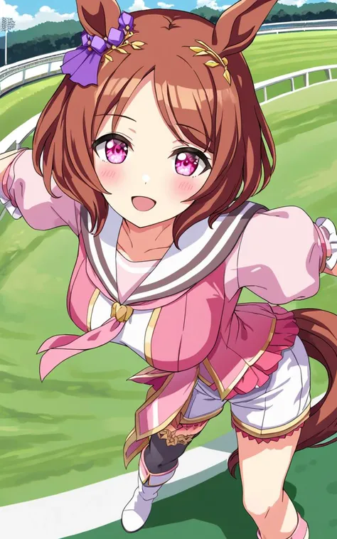 1girl, SakuraLaurel <lora:sdxl-um-sakura:0.5> kuudere, horse girl, horse ears, horse tail, shiny hair, light brown hair, pixie cut, center parted bangs, pinkred eyes, symbol in eye, hair ornament, medium breasts, skindentation +++ multicolored wear, puffy short sleeves, closed mouth, pink shirt, white shirt, pink wrist cuffs, white shorts, sailor coller, black thighhighs, single thighhigh, white knee boots, asymmetrical footwear, high heel boots, pink neckerchief, pink back bow, turf, race track , :D , extremely quality extremely detailed, illustration, cute anime face