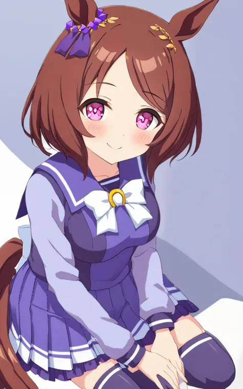 1girl, SakuraLaurel <lora:sdxl-um-sakura:0.6> kuudere, horse girl, horse ears, horse tail, shiny hair, light brown hair, pixie cut, center parted bangs, pinkred eyes, symbol in eye, hair ornament, medium breasts, skindentation +++ <lora:_sdxl-um-trauniform:0.7> trawinuni, winter tracen_school_uniform, purpleblue sailor collar, purpleblue skirt, darkblue thighhighs, white_bowtie, skyblue_long sleeve blouse, white back bowtie, school , kind smile , extremely quality extremely detailed, illustration, cute anime face