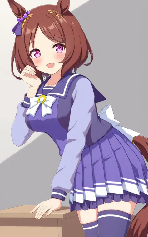 1girl, SakuraLaurel <lora:sdxl-um-sakura:0.6> kuudere, horse girl, horse ears, horse tail, shiny hair, light brown hair, pixie cut, center parted bangs, pinkred eyes, symbol in eye, hair ornament, medium breasts, skindentation +++ <lora:_sdxl-um-trauniform:0.7> trawinuni, winter tracen_school_uniform, purpleblue sailor collar, purpleblue skirt, darkblue thighhighs, white_bowtie, skyblue_long sleeve blouse, white back bowtie, school , :D