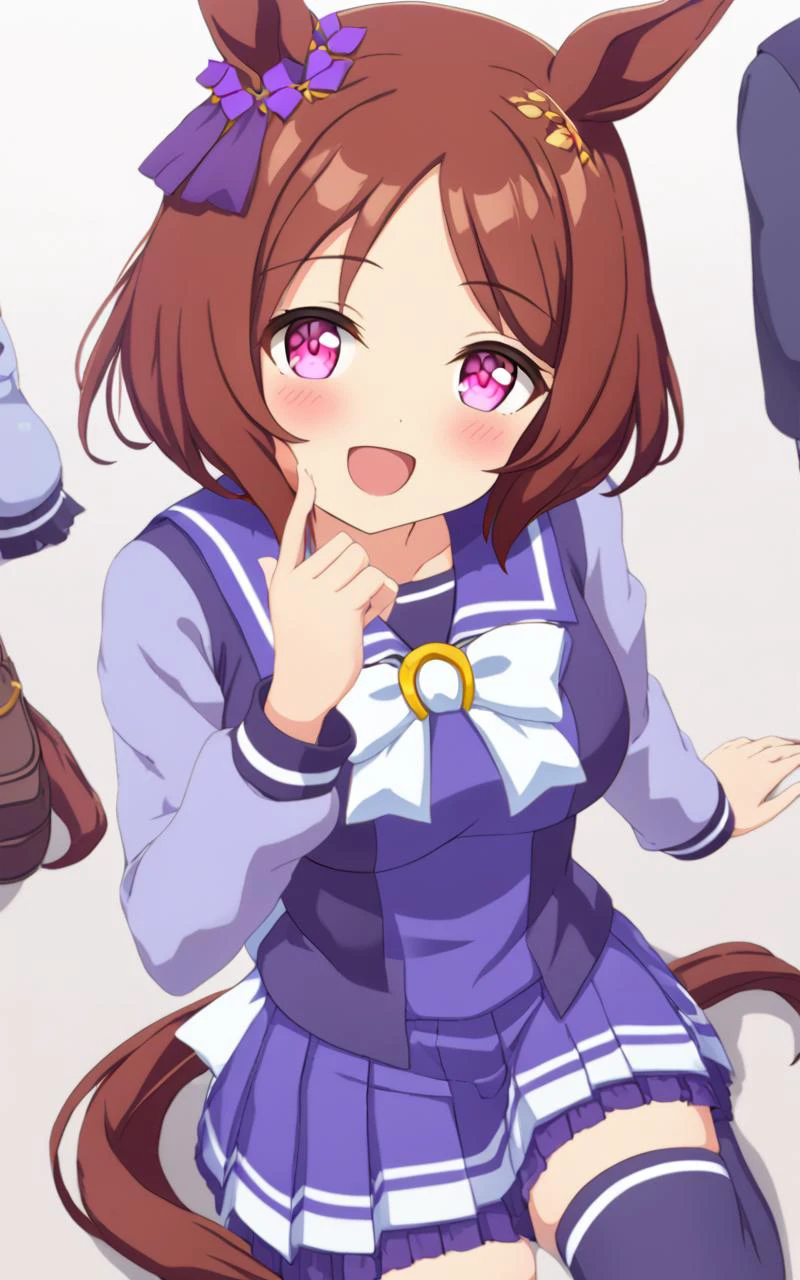 1girl, SakuraLaurel <lora:sdxl-um-sakura:0.6> kuudere, horse girl, horse ears, horse tail, shiny hair, light brown hair, pixie cut, center parted bangs, pinkred eyes, symbol in eye, hair ornament, medium breasts, skindentation +++ <lora:_sdxl-um-trauniform:0.7> trawinuni, winter tracen_school_uniform, purpleblue sailor collar, purpleblue skirt, darkblue thighhighs, white_bowtie, skyblue_long sleeve blouse, white back bowtie, school , :D , extremely quality extremely detailed, illustration, cute anime face