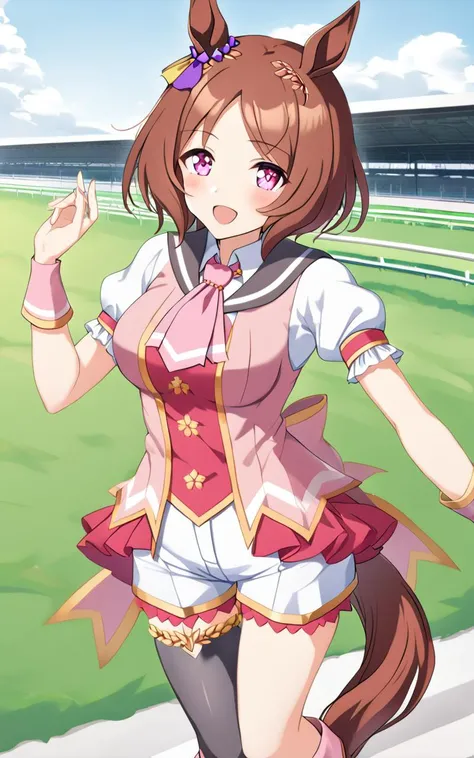 1girl, SakuraLaurel <lora:sdxl-um-sakura:0.6> kuudere, horse girl, horse ears, horse tail, shiny hair, light brown hair, pixie cut, center parted bangs, pinkred eyes, symbol in eye, hair ornament, medium breasts, skindentation +++ multicolored wear, puffy short sleeves, closed mouth, pink shirt, white shirt, pink wrist cuffs, white shorts, sailor coller, black thighhighs, single thighhigh, white knee boots, asymmetrical footwear, high heel boots, pink neckerchief, pink back bow, turf, race track , :D