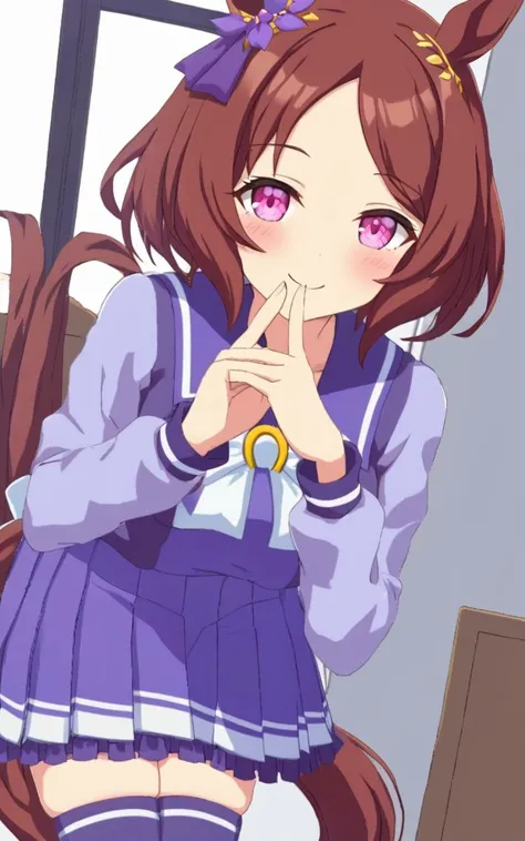 1girl, SakuraLaurel <lora:sdxl-um-sakura:0.5> kuudere, horse girl, horse ears, horse tail, shiny hair, light brown hair, pixie cut, center parted bangs, pinkred eyes, symbol in eye, hair ornament, medium breasts, skindentation +++ <lora:_sdxl-um-trauniform:0.8> trawinuni, winter tracen_school_uniform, purpleblue sailor collar, purpleblue skirt, darkblue thighhighs, white_bowtie, skyblue_long sleeve blouse, white back bowtie, school , smile, finger to mouth , extremely quality extremely detailed, illustration, cute anime face