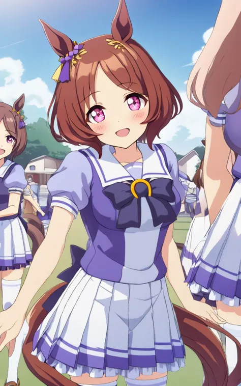1girl, SakuraLaurel <lora:sdxl-um-sakura:0.6> kuudere, horse girl, horse ears, horse tail, shiny hair, light brown hair, pixie cut, center parted bangs, pinkred eyes, symbol in eye, hair ornament, medium breasts, skindentation +++ <lora:_sdxl-um-trauniform:0.7> trasumuni, summer tracen_school_uniform, white sailor collar, white skirt, white thighhighs, darkblue_bowtie, skyblue short sleeve blouse, darkblue back bowtie, school , Overjoyed , extremely quality extremely detailed, illustration, cute anime face