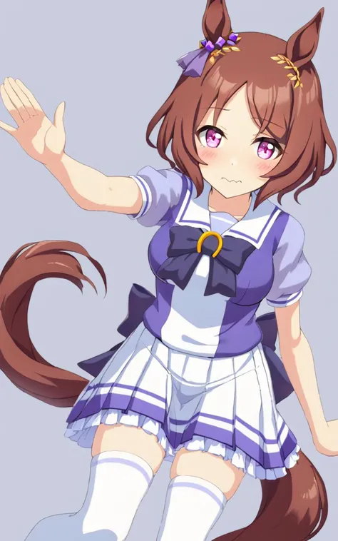 1girl, SakuraLaurel <lora:sdxl-um-sakura:0.6> kuudere, horse girl, horse ears, horse tail, shiny hair, light brown hair, pixie cut, center parted bangs, pinkred eyes, symbol in eye, hair ornament, medium breasts, skindentation +++ <lora:_sdxl-um-trauniform:0.7> trasumuni, summer tracen_school_uniform, white sailor collar, white skirt, white thighhighs, darkblue_bowtie, skyblue short sleeve blouse, darkblue back bowtie, school , wavy mouth