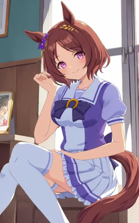1girl, SakuraLaurel <lora:sdxl-um-sakura:0.5> kuudere, horse girl, horse ears, horse tail, shiny hair, light brown hair, pixie cut, center parted bangs, pinkred eyes, symbol in eye, hair ornament, medium breasts, skindentation +++ <lora:_sdxl-um-trauniform:0.8> trasumuni, summer tracen_school_uniform, white sailor collar, white skirt, white thighhighs, darkblue_bowtie, skyblue short sleeve blouse, darkblue back bowtie, school , smile , extremely quality extremely detailed, illustration, cute anime face