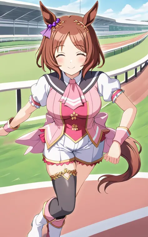 1girl, SakuraLaurel <lora:sdxl-um-sakura:0.5> kuudere, horse girl, horse ears, horse tail, shiny hair, light brown hair, pixie cut, center parted bangs, pinkred eyes, symbol in eye, hair ornament, medium breasts, skindentation +++ multicolored wear, puffy short sleeves, closed mouth, pink shirt, white shirt, pink wrist cuffs, white shorts, sailor coller, black thighhighs, single thighhigh, white knee boots, asymmetrical footwear, high heel boots, pink ascot, pink back bow, turf, race track , closed eyes, smile