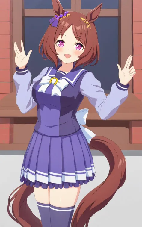 1girl, SakuraLaurel <lora:sdxl-um-sakura:0.6> kuudere, horse girl, horse ears, horse tail, shiny hair, light brown hair, pixie cut, center parted bangs, pinkred eyes, symbol in eye, hair ornament, medium breasts, skindentation +++ <lora:_sdxl-um-trauniform:0.7> trawinuni, winter tracen_school_uniform, purpleblue sailor collar, purpleblue skirt, darkblue thighhighs, white_bowtie, skyblue_long sleeve blouse, white back bowtie, school , :D