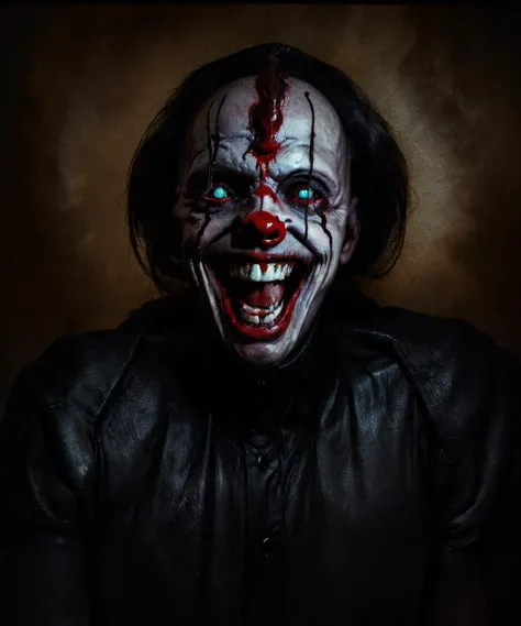 extreme (close-up portrait:1.5) of creepy clown hysterical (laughing:1.25) at camera, menacing, glowing eyes, blood, obscure, leaning forward, horror, dark, sinister, shock art