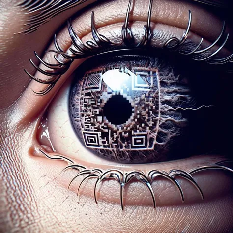 a realistic closeup photo of a person s eyes, their pupils and irises are in the shape of QR Codes, a realistic closeup photo of a  person s eyes
<lora:QR_Irises:0.7> peaks and valleys of sinew, (lines of the qr code diffusing into the iris:1.4)