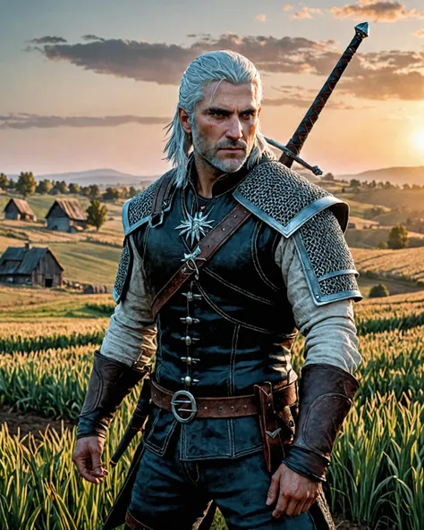 ((masterpiece, best quality, photorealistic image, full body portrait)), W3Geralt, 1boy, solo, white hair, sunrise, fields, farm fields, wide viewing angle, distant horizon, (((big scar on cheek))), dynamic pose, <lora:W3Geralt:1>