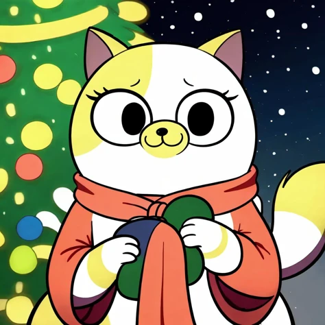 portrait, cake_the_cat, cat, feline, female, white body, white fur, white skin, white fur, yellow fur, <lora:Cake_The_Cat:1.3>, kemono, Merry Christmas theme, cute , holding one gift in hands, in winter cloth, under Christmas tree, colorful led ligths, garlands, snow, winter, cute and funny, illustration, cartoon network, masterpiece, fulcolor, dark noir, muffled light, realistic, soft shadows, best quality, hyper detailed, 4k