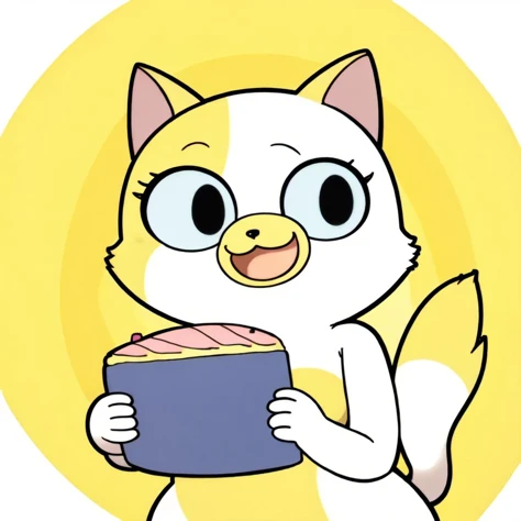 portrait, cake_the_cat, cat, feline, female, white body, white fur, white skin, white fur, yellow fur, <lora:Cake_The_Cat:1.3>, photo of a kemono holding a present, being super happy and smiling