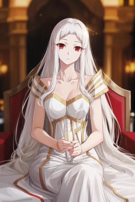 Illustration, detailed illustration, ultra detailed, dynamic angle, cowboy shot, 22 year old girl, beautiful, platinum blonde, long hair, wavy hair, cold blue eyes, pale skin, emotionless, disdainful, fancy restaurant, black formal dress, sitting, wearing engagement ring, showing ring to viewer, looking down at viewer, group, 1man, man kneeling, man proposing to woman