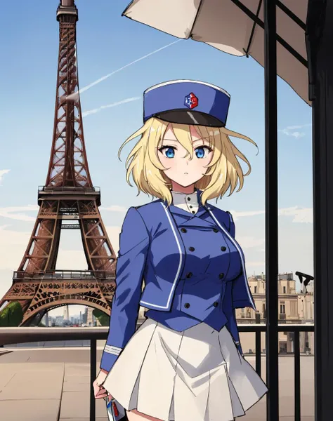 <lora:Oshida-10:1> Oshida , 1Girl , Solo, Blonde hair , short hair , blue eyes , bc freedom military uniform , white skirt , hat , paris , eiffel tower , cowboy shot ,