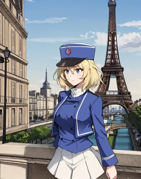 <lora:Oshida-10:1> Oshida , 1Girl , Solo, Blonde hair , short hair  , blue eyes , bc freedom military uniform , white skirt , hat , paris , eiffel tower  , cowboy shot ,