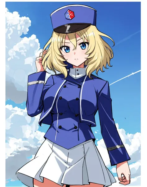 <lora:Oshida-10:1> Oshida , 1Girl , Solo, Blonde hair , short hair , blue eyes , bc freedom military uniform , white skirt , hat , sky background with border , cowboy shot ,