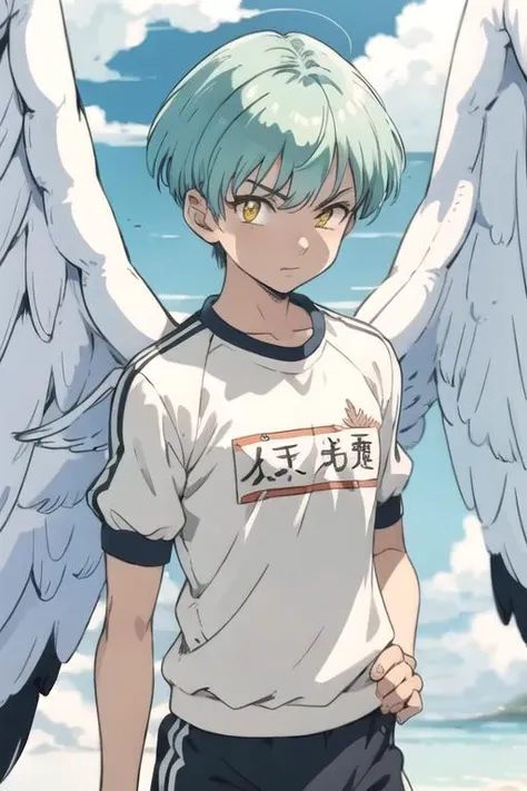 masterpiece, best quality, ultra-detailed, illustration, 1boy, solo, male focus, looking at viewer, upper body, , <lora:sariel_nanatsu_no_taizai:0.74>, sariel_nanatsu_no_taizai, , angel wings, , gym uniform