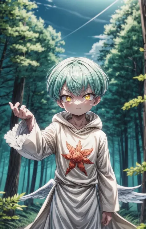 (1 boy:1.6),more details in eyes,cute,looking at viewer, adorabel boy,cute face,details sky,handsome,young,juvenile,  introvert,evil,sadistic sneer, ((masterpiece:1.4,best quality)),multiple details, eyeshadow,sfw,(full shoot:1.8),(short hair:1.4), <lora:sariel_nanatsu_no_taizai:0.7>,lora:add_detail:0.8>, <lora:more_details:0.6>,(forest:1.4), standing, long white robe
sariel_nanatsu_no_taizai, yellow eyes,aqua hair, (angel wings:0.4), <lora:眼睛双:0.8>,  <lora:tangbohu-detailer_1.0:0.2>, <lora:depth:0.5> <lora:lihui4JXK-b2-bf16-128-128-1-re1-ep3-768-DA-5015fix:0.3>