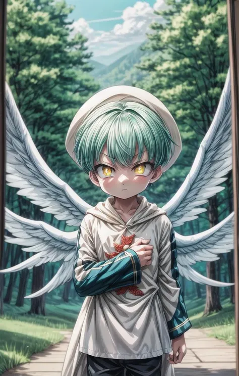 (1 boy:1.6),more details in eyes,cute,looking at viewer, adorabel boy,cute face,details sky,handsome,young,juvenile, introvert,evil,sadistic sneer, ((masterpiece:1.4,best quality)),multiple details, eyeshadow,sfw,(full shoot:1.8),(short hair:1.4), <lora:sariel_nanatsu_no_taizai:0.7>,lora:add_detail:0.8>, <lora:more_details:0.6>,(forest:1.4), standing, long white robe
sariel_nanatsu_no_taizai, yellow eyes,aqua hair, (angel wings:0.4), <lora:眼睛双:0.8>, <lora:tangbohu-detailer_1.0:0.2>, <lora:depth:0.5> <lora:lihui4JXK-b2-bf16-128-128-1-re1-ep3-768-DA-5015fix:0.3>