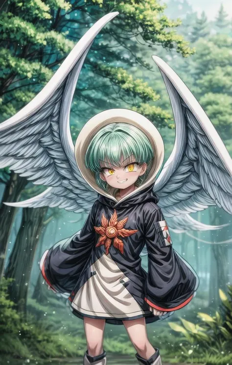1 boy,more details in eyes,cute,looking at viewer, adorabel boy,cute face,details sky,handsome,young,juvenile,  introvert,evil,sadistic grin, ((masterpiece:1.4,best quality)),multiple details, eyeshadow,sfw,(full shoot:1.8),short hair, <lora:sariel_nanatsu_no_taizai:0.7>,lora:add_detail:0.8>, <lora:more_details:0.6>,(forest:1.4), standing,
sariel_nanatsu_no_taizai, yellow eyes,aqua hair, (angel wings:0.4), <lora:眼睛双:0.8>,  <lora:tangbohu-detailer_1.0:0.2>, <lora:depth:0.8>