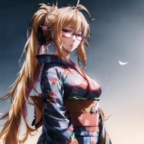 <lora:AlexandraV1:0.6>,(((kimono, ))),alexandra, 1girl, breasts, blonde hair,red glasses, large breasts, long hair, ponytail, blue eyes, <lora:more_details:1>