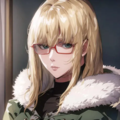 <lora:AlexandraV1:0.6>,alexandra, blonde hair, 1girl, glasses, solo, green eyes, red-framed eyewear, looking at viewer, jacket, fur trim
