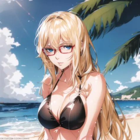<lora:AlexandraV1:0.6>,alexandra, 1girl, solo, swimsuit, blonde hair, bikini, breasts, glasses, day, beach, large breasts, long hair, black bikini, cleavage, sky, outdoors, blue eyes, watermark, cloud, ocean