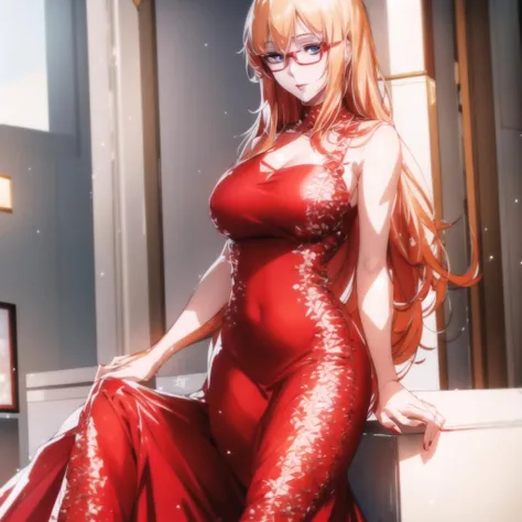 <lora:AlexandraV1:0.6>,(((red long dress))),alexandra, 1girl, solo, blonde hair, breasts, red glasses, large breasts, long hair, blue eyes,