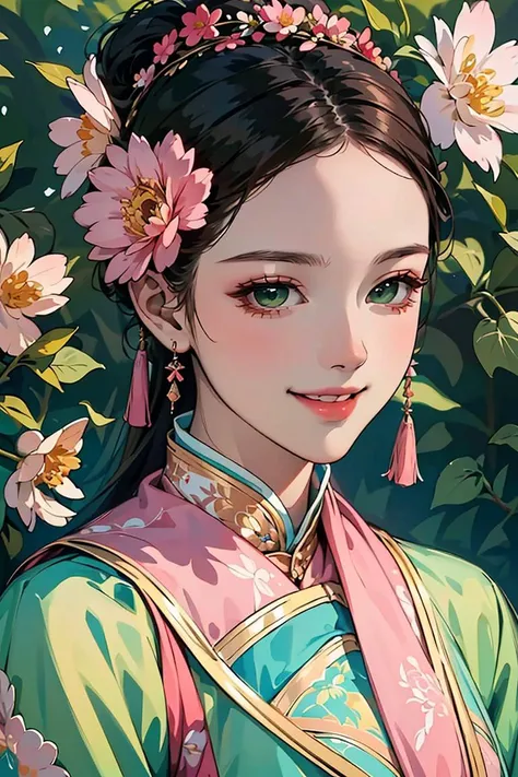 woman wearing qingfashion,portrait,sweet smile,spring flowers,(blue green and pink),masterpiece,8k,highest quality,trending on artstation,<lora:QingFashion:0.8>,