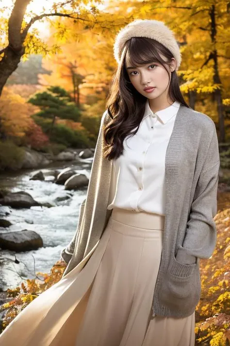 1girl,(wearing a cardigan and long skirt:1.2),(wearing a wooly beret),(holding a small handbag),(RAW photo, best quality), (realistic, photo-realistic:1.4), masterpiece, an extremely delicate and beautiful, extremely detailed, 2k wallpaper, Amazing, finely detail, extremely detailed CG unity 8k wallpaper, ultra-detailed, highres, soft light, beautiful detailed girl, extremely detailed eyes and face, beautiful detailed nose, beautiful detailed eyes,cinematic lighting,(in a beautiful forest of pine trees at a Japanese countryside),(autumn scenery:1.3),(maple trees in autumn),(by a small rocky river),(morning light),perfect anatomy,slender body,smiling,(hair with bangs) <lora:kurokihikari_lora:1>