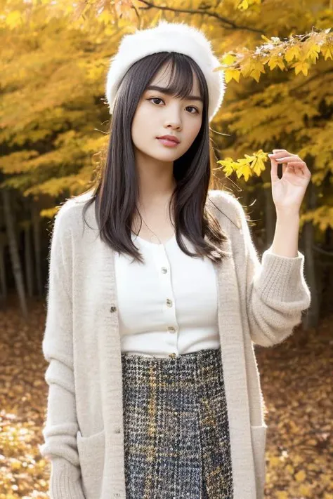 1girl,(wearing a cardigan and long skirt:1.2),(wearing a wooly beret),(holding a small handbag),(RAW photo, best quality), (realistic, photo-realistic:1.4), masterpiece, an extremely delicate and beautiful, extremely detailed, 2k wallpaper, Amazing, finely detail, extremely detailed CG unity 8k wallpaper, ultra-detailed, highres, soft light, beautiful detailed girl, extremely detailed eyes and face, beautiful detailed nose, beautiful detailed eyes,cinematic lighting,(in a beautiful forest of pine trees at a Japanese countryside),(autumn scenery:1.3),(maple trees in autumn),(by a small rocky river),(morning light),perfect anatomy,slender body,smiling,(hair with bangs) <lora:kurokihikari_lora:1>