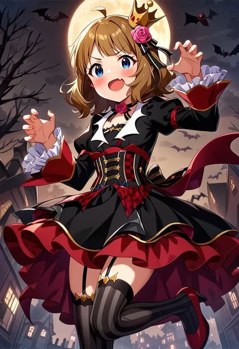 masterpiece, best quality, very aesthetic, absurdres, 1girl, suou momoko, melty fang, millitheater, full moon, garter straps, striped legwear, smile, black legwear, red flower, bat, hair ornament, vampire, silk, spider web, fang, blue eyes, night, grey background, brown hair, claw pose, pink flower, :d, castle, black jacket, light brown hair, moon, frilled sleeves, wide sleeves, sky, medium hair, v-shaped eyebrows, night sky, eyebrows visible through hair, standing on one leg, small breasts, short hair, frills, pink rose, blonde hair, thighhighs, black bow, open mouth, looking at viewer, leg up, ahoge, red footwear, blush, standing, red rose, bare tree, shoes, long sleeves, high heels, outdoors, black dress, frilled dress, puffy long sleeves, juliet sleeves, checkered sash, red sash, black corset, striped clothes, mini crown, hair flower, tilted headwear, hair ribbon, black ribbon, striped ribbon, black neckwear, neck ribbon, neck flower, frilled skirt, layerd skirt, black skirt, red skirt <lora:suou_momoko_sdxl_locon_ani31_v1:0.7>