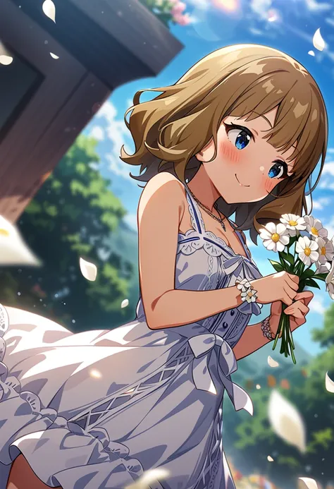 masterpiece, best quality, very aesthetic, absurdres, 1girl, suou momoko, pure one-piece, millitheater, blurry foreground, smile, cleavage, medium hair, holding flower, looking to the side, bare arms, blue eyes, blush, bare shoulders, sleeveless, day, brown hair, depth of field, frills, eyebrows visible through hair, cloud, sunlight, white ribbon, closed mouth, standing, wind, holding, outdoors, cowboy shot, blonde hair, white flower, wavy hair, white bow, ribbon trim, small breasts, light brown hair, blurry background, sky, jewelry, blue sky, necklace, small breasts, collarbone, artist name, watermark, short hair, petals, looking away, ribbon-trimmed clothes, white dress, sleeveless dress, frilled dress, sundress, ribbon-trimmed dress, center frills, cross-laced clothes, wrist cuffs, wrist flower <lora:suou_momoko_sdxl_locon_ani31_v1:0.7>