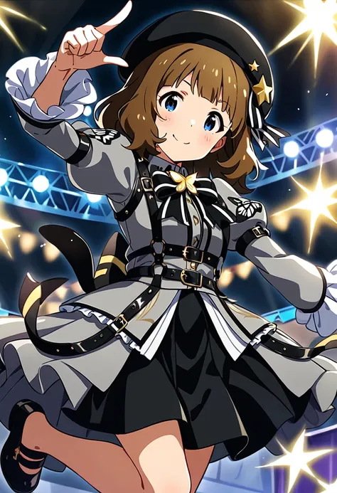 masterpiece, best quality, very aesthetic, absurdres, 1girl, suou momoko, proud-of-stage, millimas, bowtie, grey dress, shoes, short hair, black bow, grey shirt, black footwear, hand up, wavy hair, black ribbon, blush, black neckwear, standing, feet out of frame, eyebrows visible through hair, stage lights, outstretched arm, puffy sleeves, juliet sleeves, pointing at viewer, closed mouth, arm up, leg up, stage, pointing, blunt bangs, medium hair, striped bow, standing on one leg, foot out of frame, grey skirt, smile, looking at viewer, brown hair, blue eyes, grey headwear, index finger raised, long sleeves, grey jacket, long jacket, frilled jacket, collared jacket, print jacket, butterfly print, puffy long sleeves, black skirt, black neck ribbon, butterfly necklace, beret, black headwear, hat ornament, black hat ribbon, black belt, star hat ornament, chest harness, belt buckle <lora:suou_momoko_sdxl_locon_ani31_v1:0.7>