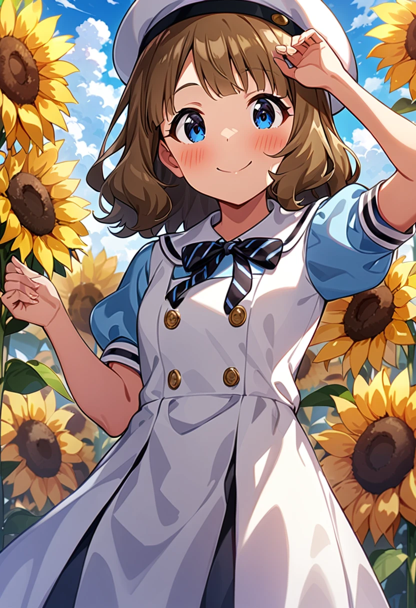 masterpiece, best quality, very aesthetic, absurdres, 1girl, suou momoko, summer-es, millitheater, blush, brown hair, black ribbon, blue eyes, eyebrows visible through hair, puffy sleeves, light brown hair, upper body, grey headwear, arm up, medium hair, looking at viewer, short sleeves, cowboy shot, wavy hair, white background, short hair, closed mouth, smile, white dress, sailor dress, blue shirt, collared shirt, sailor collar, puffy short sleeves, beret, white headwear, sailor hat, neck ribbon, black neckwear, striped neckwear, buttons, blue sky, cloud, outdoors, flower field, sunflower <lora:suou_momoko_sdxl_locon_ani31_v1:0.7>