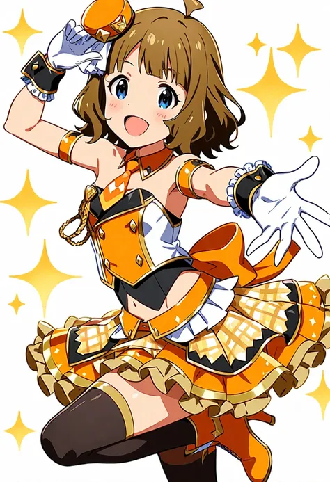 masterpiece, best quality, very aesthetic, absurdres, 1girl, suou momoko, diamond chronicle, millimas, crop top, bare shoulders, yellow footwear, blunt bangs, brown hair, plaid skirt, zettai ryouiki, leg up, cowboy shot, smile, short hair, orange footwear, layered skirt, ahoge, orange neckwear, wavy hair, mini hat, wrist cuffs, hair ornament, sparkle, blush, standing, outstretched arm, small breasts, standing on one leg, sleeveless, frilled skirt, high heels, open mouth, white background, :d, black legwear, simple background, strapless, orange headwear, white gloves, medium hair, idol clothes, eyebrows visible through hair, armpits, light brown hair, looking at viewer, pleated skirt, frilled gloves, orange bow, arm up, yellow skirt, frills, miniskirt, midriff, thighhighs, idol, orange skirt, high heel boots, blue eyes, outstretched arms, black thighhighs, reaching towards viewer, back bow, solo, yellow headwear, tilted headwear, hat ornament, detached collar, orange collar, orange necktie, aiguillette, orange belt, armbands <lora:suou_momoko_sdxl_locon_ani31_v1:0.7>