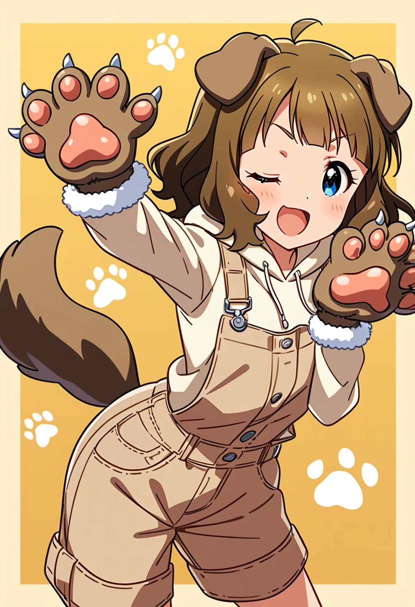 masterpiece, best quality, very aesthetic, absurdres, 1girl, suou momoko, wanwan wanderful, millimas, animal ears, one eye closed, dog ears, blue eyes, open mouth, brown hair, animal hands, smile, dog tail, overalls, paw gloves, ahoge, looking at viewer, ;d, hood, overall shorts, eyebrows visible through hair, dog girl, paw print, short hair, long sleeves, hoodie, blush, hood down, cowboy shot, drawstring, dog paws, hands up, wavy hair, two-tone background, yellow background, blunt bangs, paw print background, medium hair, standing, brown gloves, dog costume, outstretched arms, pocket, child, brown background, fur-trimmed gloves, suspenders, bone print <lora:suou_momoko_sdxl_locon_ani31_v1:0.7>