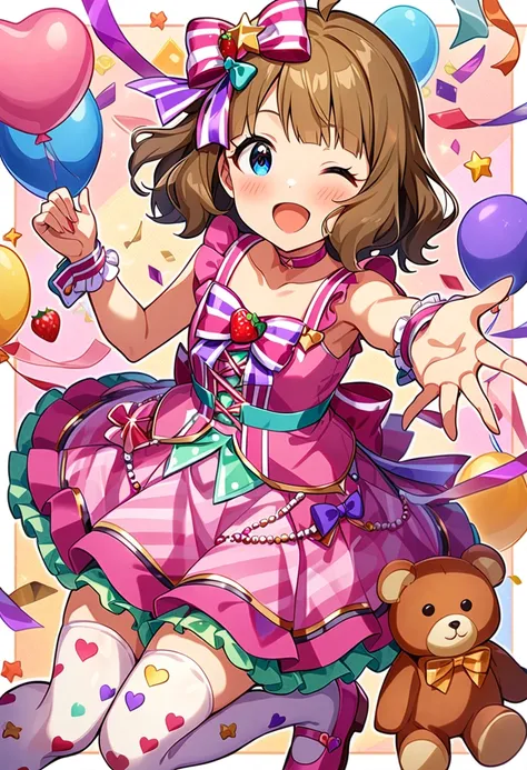 masterpiece, best quality, very aesthetic, absurdres, 1girl, suou momoko, wonderful decoration, millitheater, brown hair, wrist cuffs, mary janes, one eye closed, hair ribbon, heart balloon, white legwear, outstretched arm, stuffed toy, striped ribbon, balloon, eyebrows visible through hair, jewelry, star (symbol), teddy bear, thighhighs, print legwear, heart print, star print, macaron, blue eyes, open mouth, frills, confetti, pink footwear, smile, purple bow, light brown hair, collarbone, stuffed animal, heart, multicolored, sleeveless, outline, streamers, ;d, looking at viewer, short hair, shoes, food-themed hair ornament, blush, multicolored clothes, pink dress, sleeveless dress, frilled dress, pink bow, hair bow, strawberry hair ornament, star hair ornament, heart hair ornament, pink choker, striped bow, skirt bow, yellow bow, strawberry ornament, star ornament, beads, back bow, aqua waist ribbon, heart ornament, layerd skirt, green skirt, polka dot skirt, purple skirt, striped skirt, aqua skirt, multicolored skirt <lora:suou_momoko_sdxl_locon_ani31_v1:0.7>