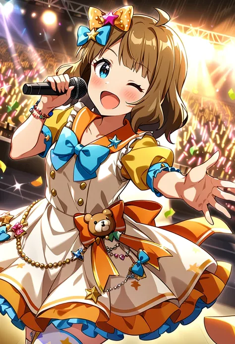 masterpiece, best quality, very aesthetic, absurdres, 1girl, suou momoko, fancy alamode, millitheater, ahoge, short hair, star hair ornament, blue bowtie, cowboy shot, hair ornament, frilled dress, heart ornament, glowstick, sparkle, brown hair, hair bow, bracelet, singing, thighhighs, microphone, music, orange bow, holding, yellow dress, jewelry, blush, bear ornament, bead bracelet, dutch angle, star ornament, print legwear, holding microphone, eyebrows visible through hair, sailor dress, puffy short sleeves, blue neckwear, confetti, polka dot bow, standing, looking at viewer, beads, frilled sleeves, smile, solo, white dress, ;d, blue bow, collarbone, orange sailor collar, light brown hair, back bow, stage lights, one eye closed, open mouth, puffy sleeves, sailor collar, white legwear, frills, heart hair ornament, buttons, asymmetrical legwear, waist bow, blue eyes, idol, stage, short sleeves, yellow sleeves <lora:suou_momoko_sdxl_locon_ani31_v1:0.7>